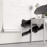 Tapet Japandi cu pictura japoneza sumi si motive seigaiha in nuante de negru si alb - SUMI WIND