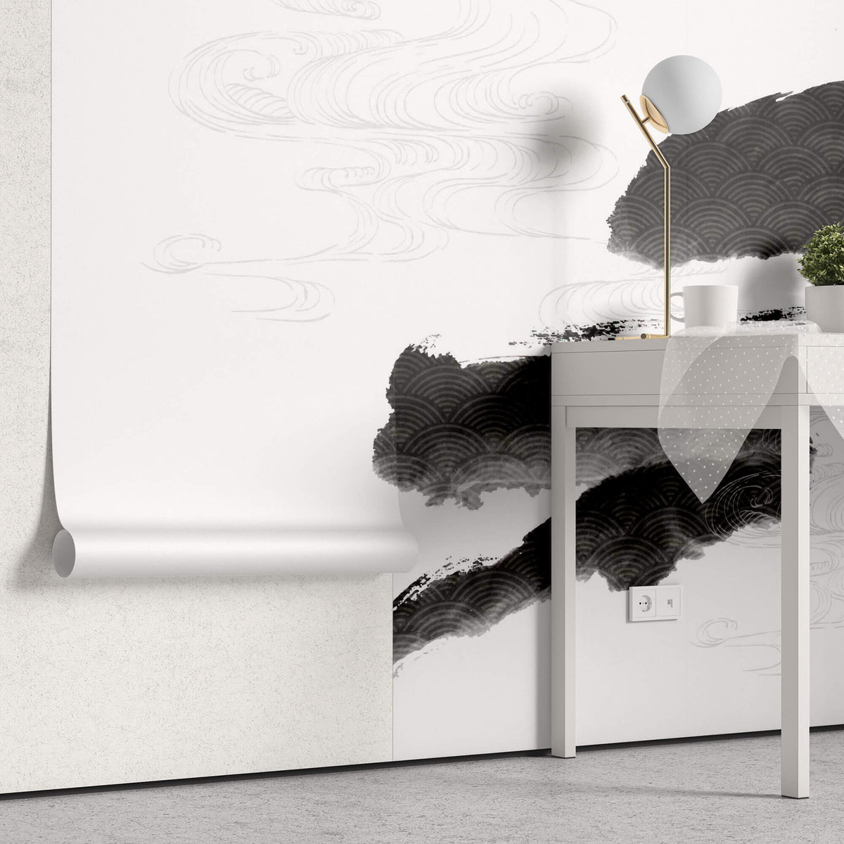 Tapet Japandi cu pictura japoneza sumi si motive seigaiha in nuante de negru si alb - SUMI WIND