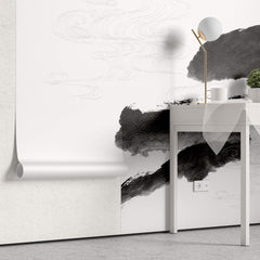 Tapet Japandi cu pictura japoneza sumi si motive seigaiha in nuante de negru si alb - SUMI WIND