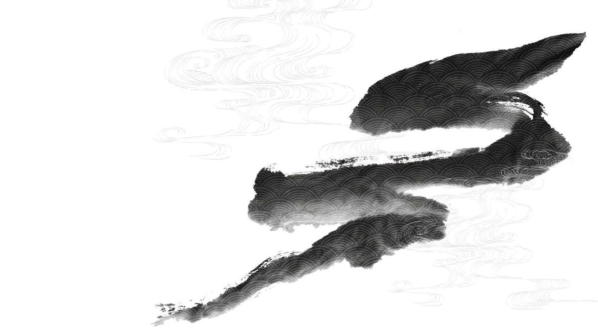 Tapet Japandi cu pictura japoneza sumi si motive seigaiha in nuante de negru si alb - SUMI WIND