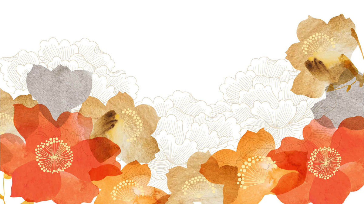 Tapet Japandi cu flori in nuante tomnatice si bujori albi - AUTUMNAL BLOOM