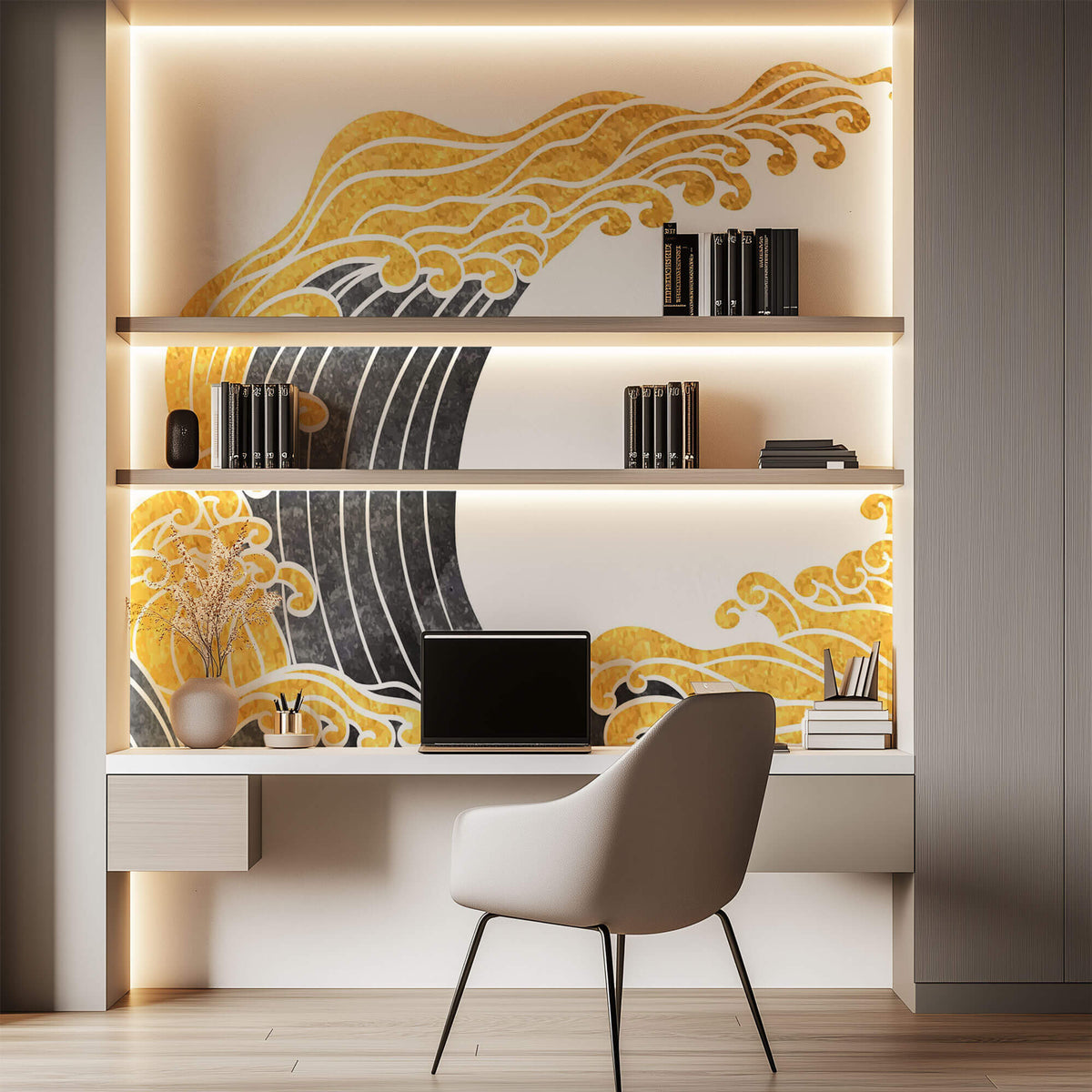 Tapet Japandi cu valuri japoneze in nuante de negru si auriu - KANAGAWA GOLDEN WAVE