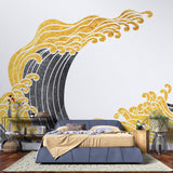 Tapet Japandi cu valuri japoneze in nuante de negru si auriu - KANAGAWA GOLDEN WAVE