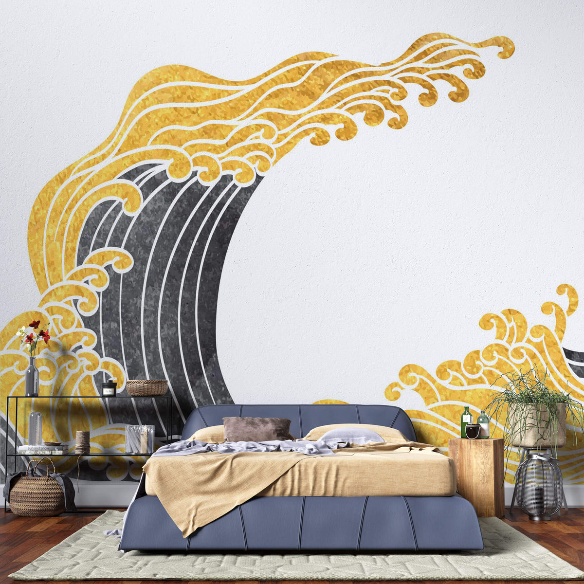 Tapet Japandi cu valuri japoneze in nuante de negru si auriu - KANAGAWA GOLDEN WAVE