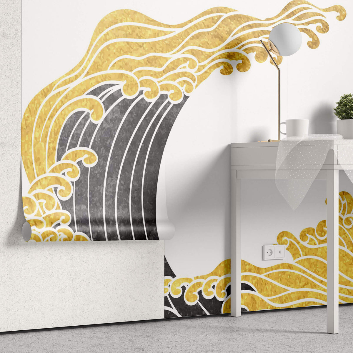 Tapet Japandi cu valuri japoneze in nuante de negru si auriu - KANAGAWA GOLDEN WAVE