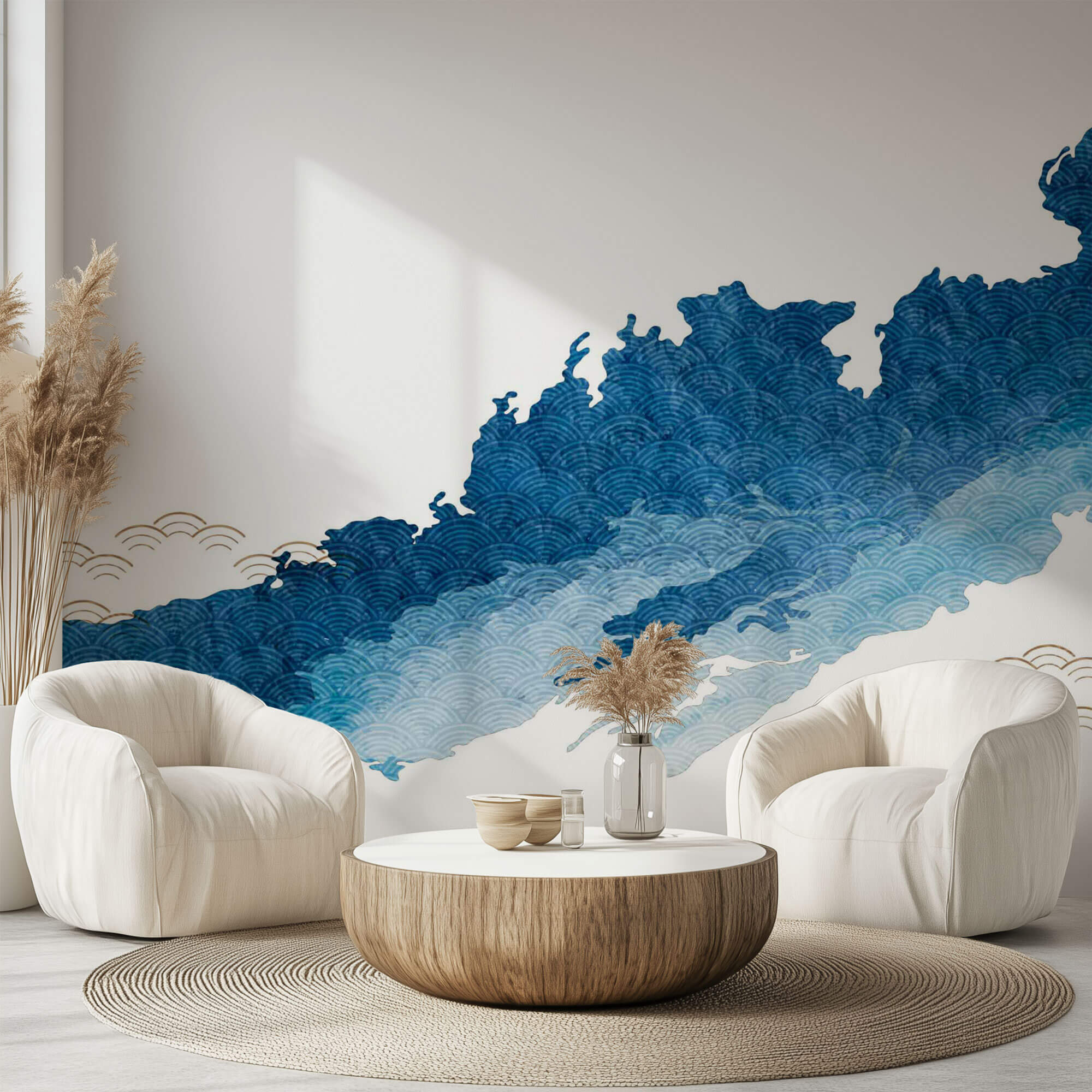 Tapet Japandi cu model abstract in nuante de albastru si motive texturate seigaiha - BLUE WATERCOLOR STROKE