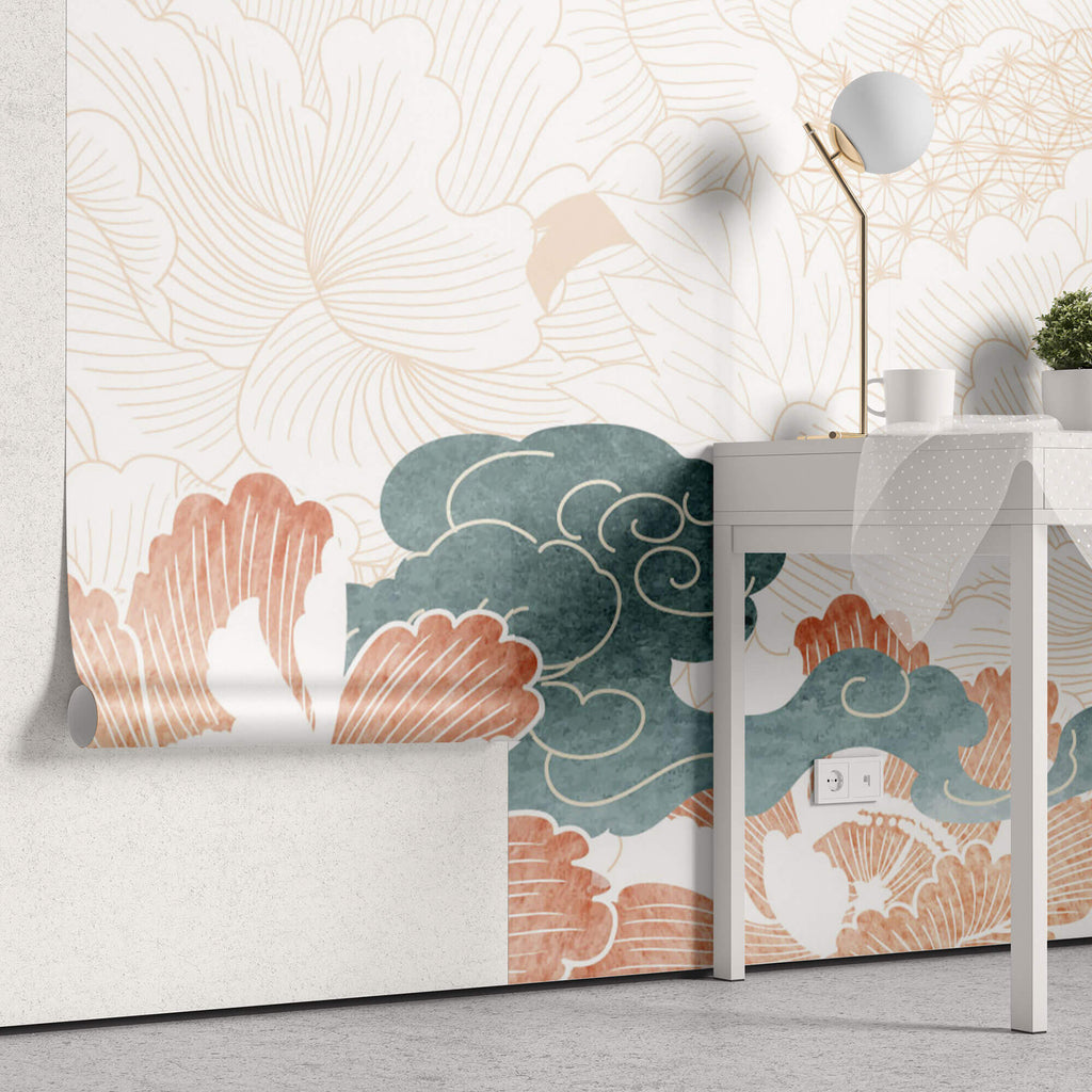 Tapet Japandi cu bujori albi si rozalii si nori - DREAMY JAPANI