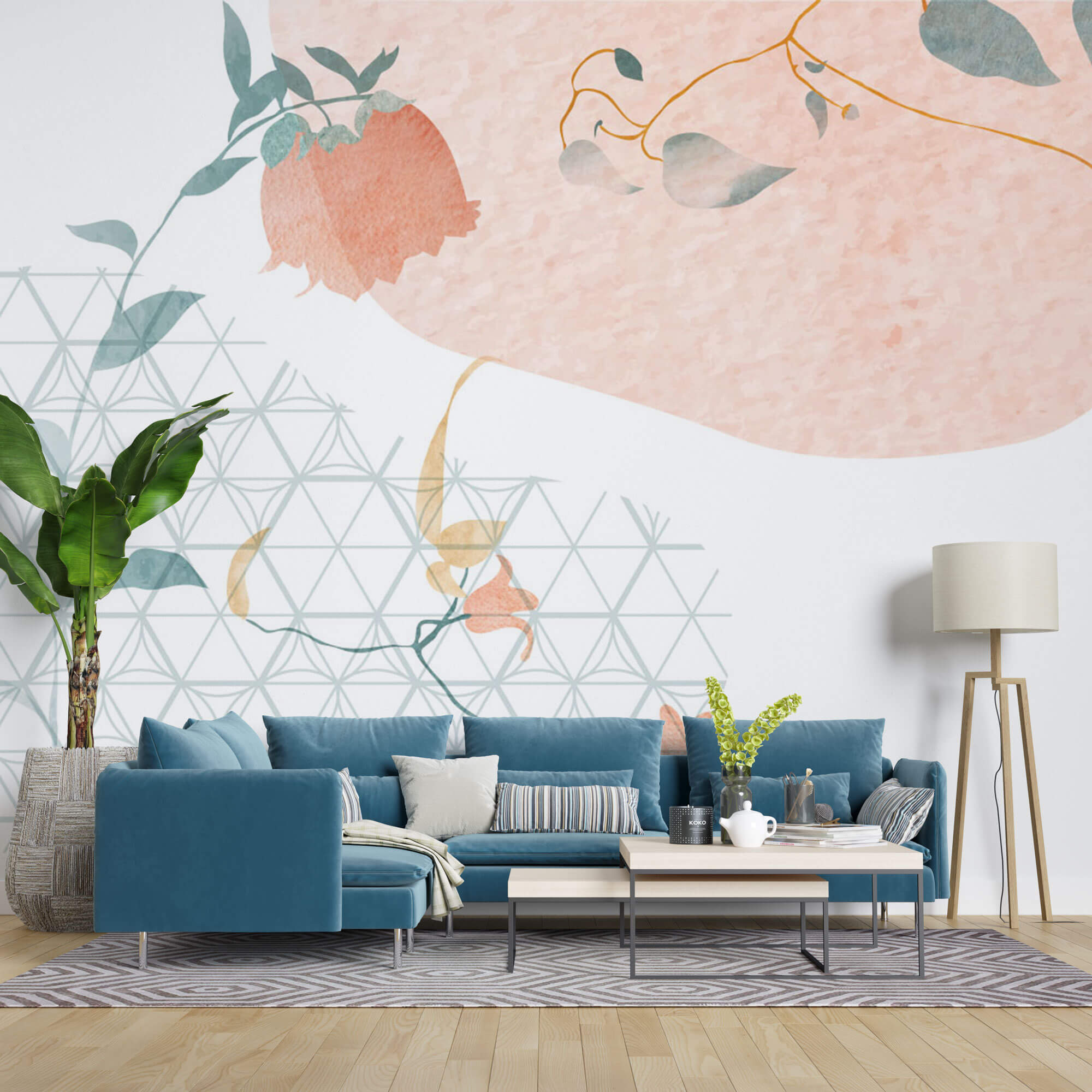 Tapet Japandi cu ilustratie florala cu motive japoneze - SOFT JAPANDI FLOWERS