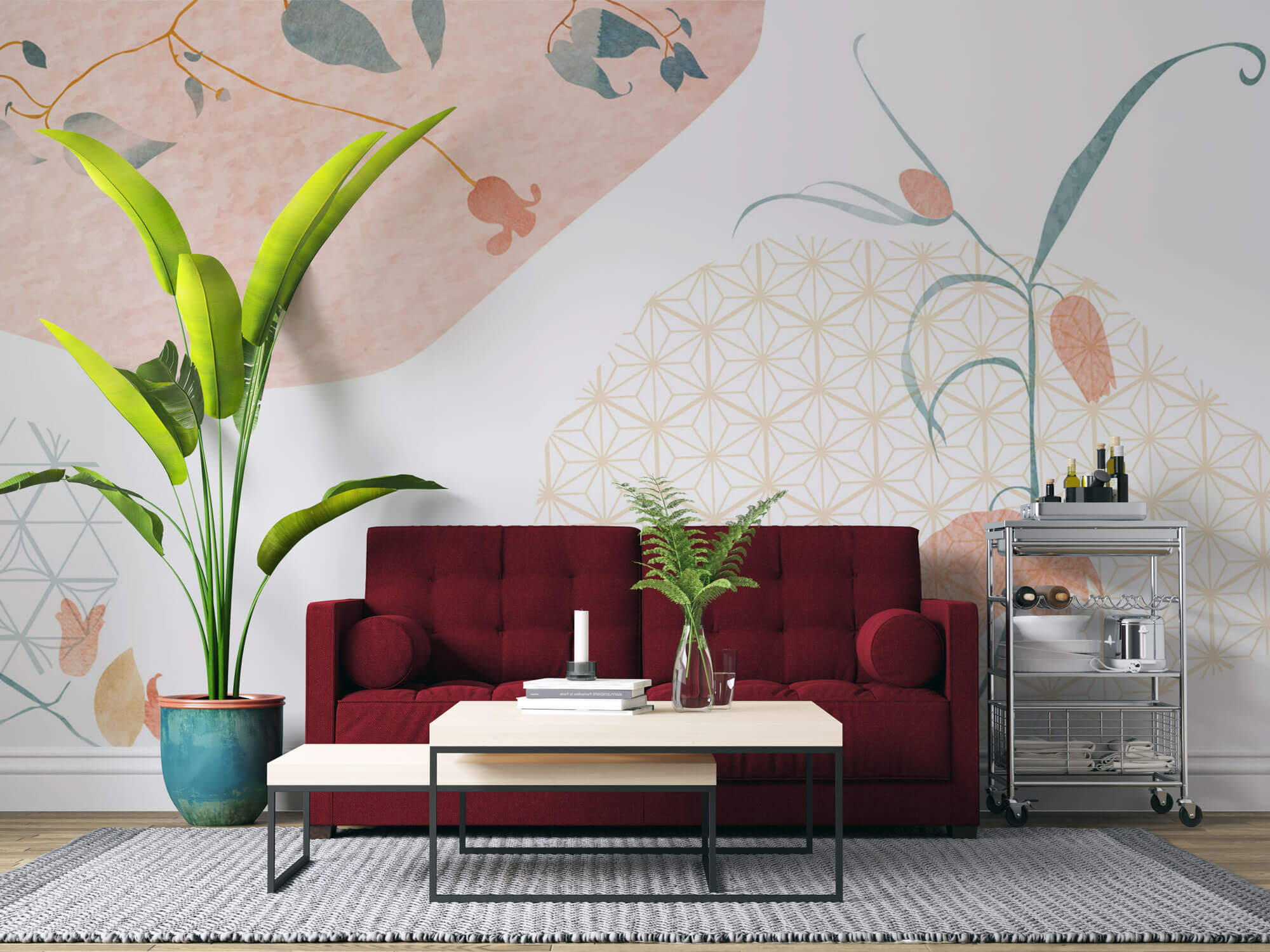 Tapet Japandi cu ilustratie florala cu motive japoneze - SOFT JAPANDI FLOWERS