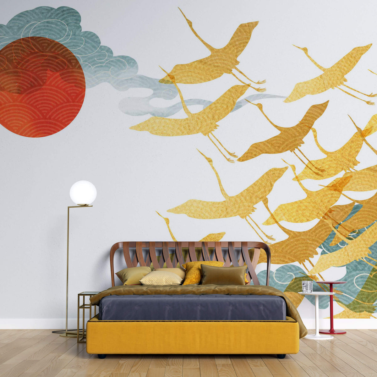 Tapet Japandi cu egrete aurii si nori cu motive japoneze seigaiha - AKAI GOLDEN CRANES