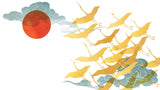 Tapet Japandi cu egrete aurii si nori cu motive japoneze seigaiha - AKAI GOLDEN CRANES