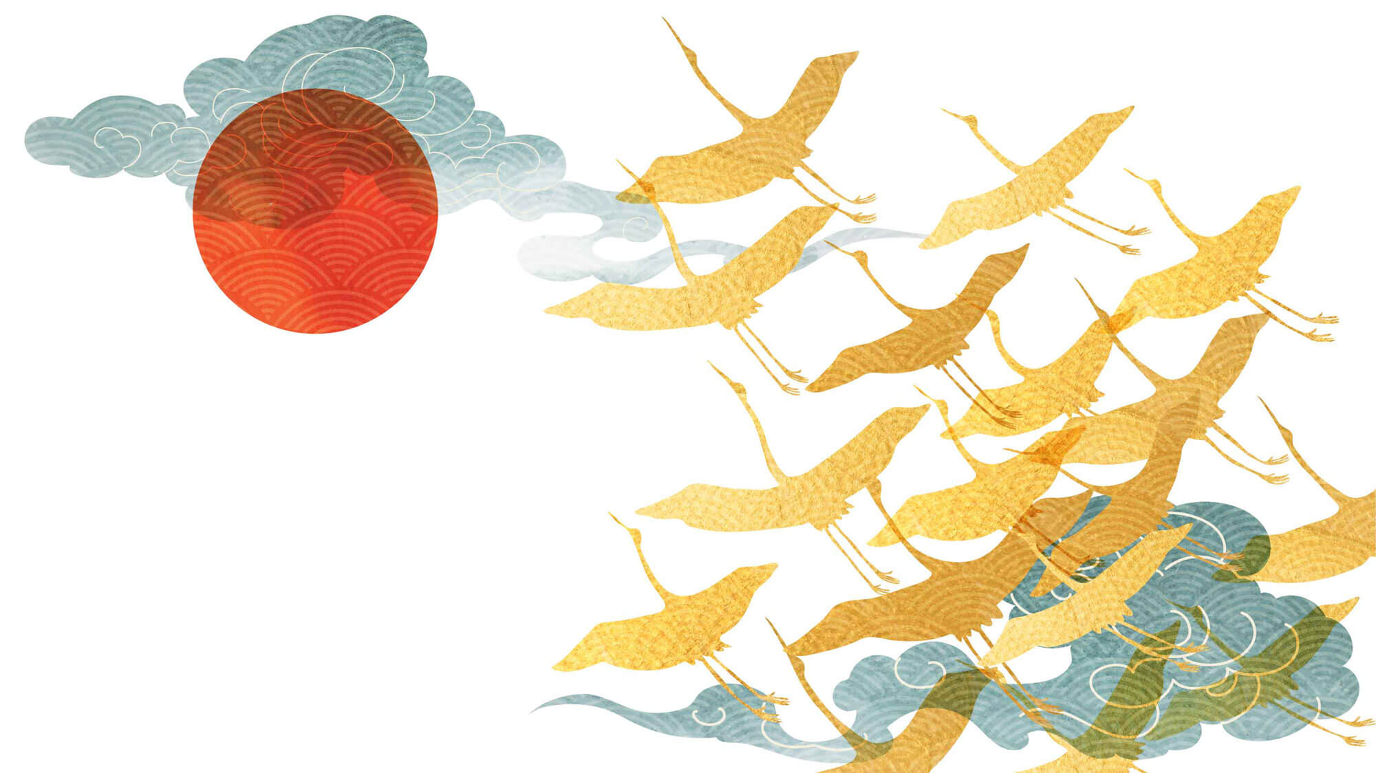 Tapet Japandi cu egrete aurii si nori cu motive japoneze seigaiha - AKAI GOLDEN CRANES