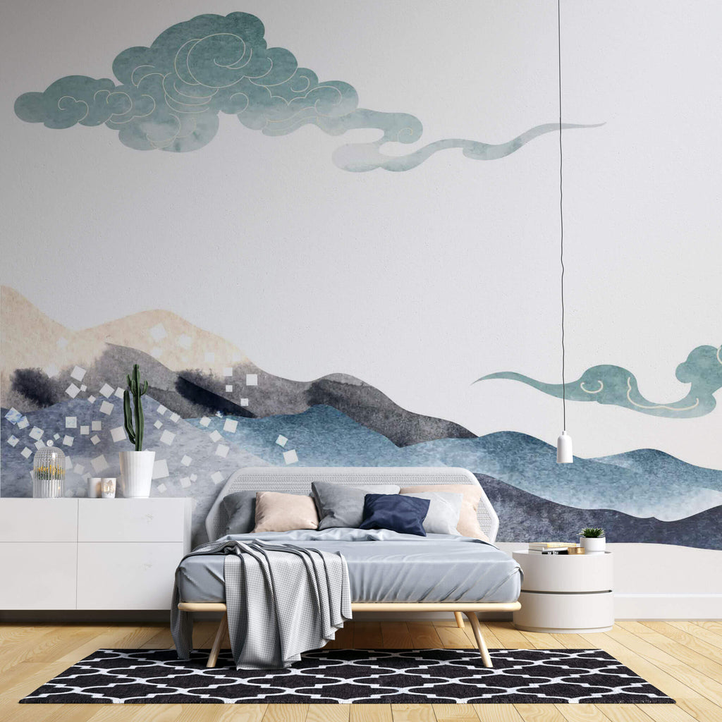 Tapet Japandi cu peisaj montan si nori abstracti ilustrati in stil japonez - SMOKEY MOUNTAINS