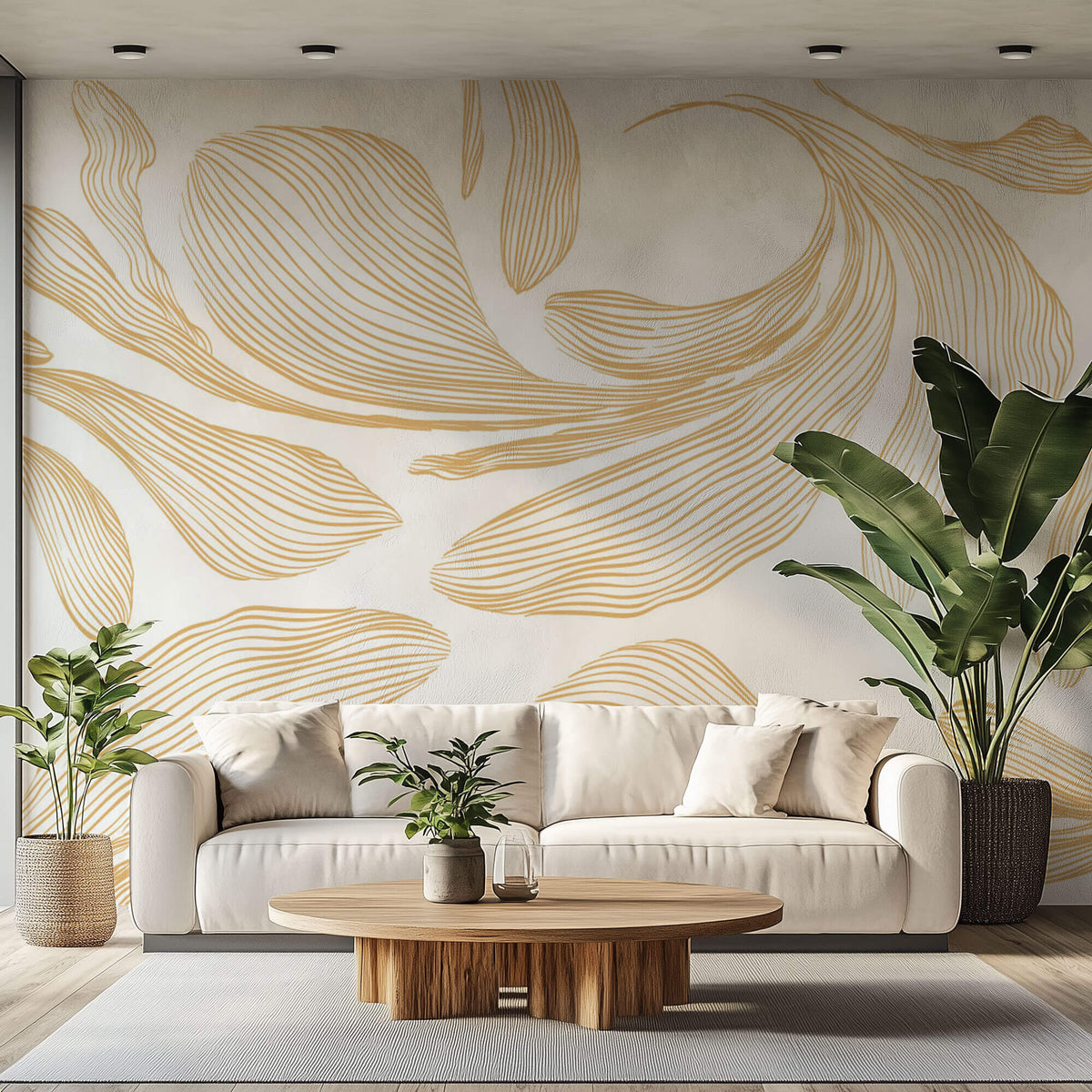 Tapet Japandi cu frunze abstracte dungate - SERENITY LEAF II