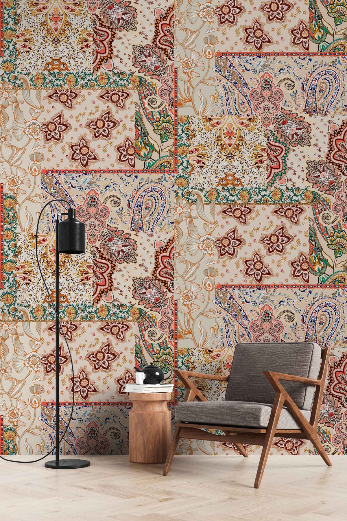 Tapet personalizat bohemiam cu un colaj de modele de tesatura in stil boho boho fabric