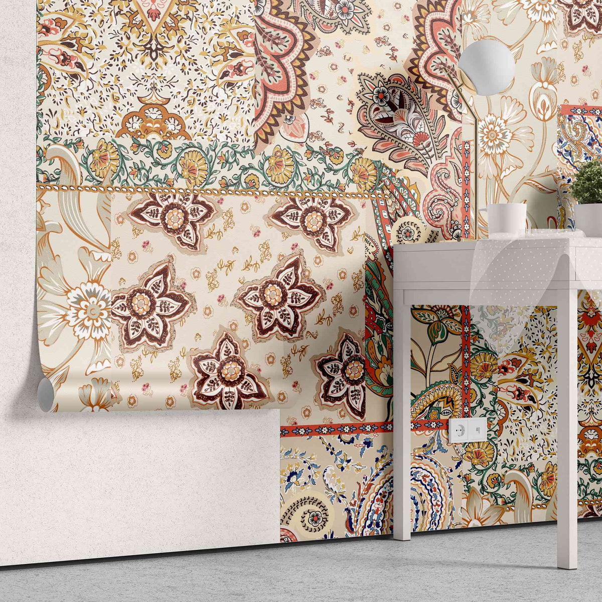 Tapet personalizat bohemiam cu un colaj de modele de tesatura in stil boho boho fabric