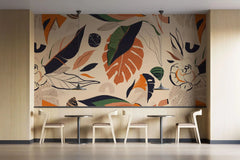 Tapet personalizat bohemian cu frunze tropicale de bananier si monstera in culori vibrante boho leaves