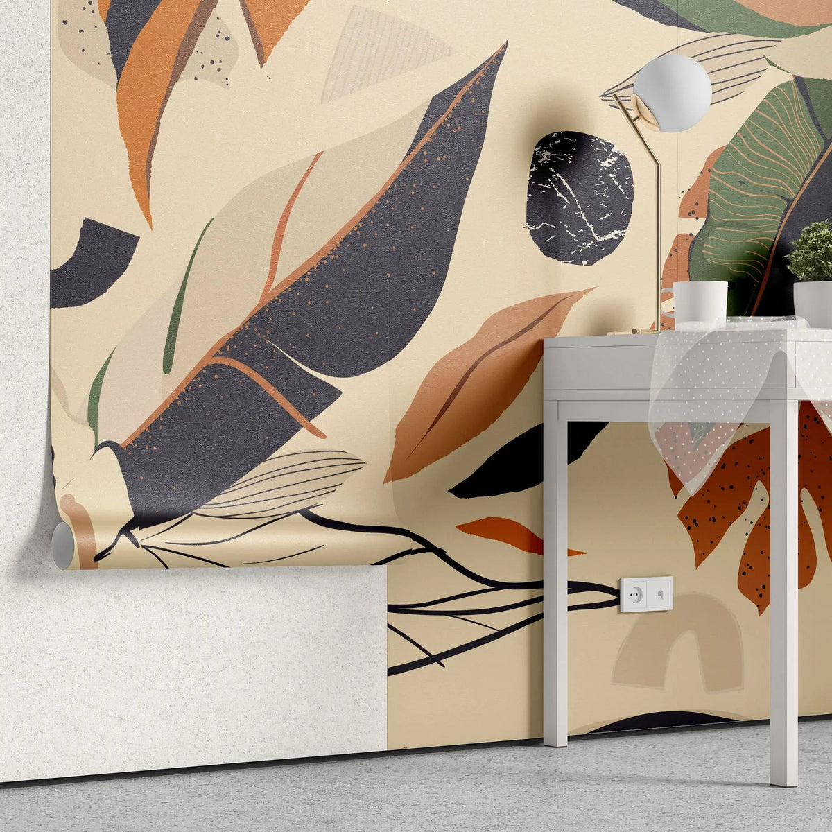 Tapet personalizat bohemian cu frunze tropicale de bananier si monstera in culori vibrante boho leaves
