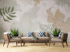Tapet personalizat bohemian cu frunze tropicale in stil line art cu specific bohemian in nuante pastel boho line art