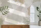 Tapet personalizat bohemian cu frunze tropicale in stil line art cu specific bohemian in nuante pastel boho line art