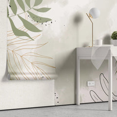 Tapet personalizat bohemian cu frunze tropicale in stil line art cu specific bohemian in nuante pastel boho line art