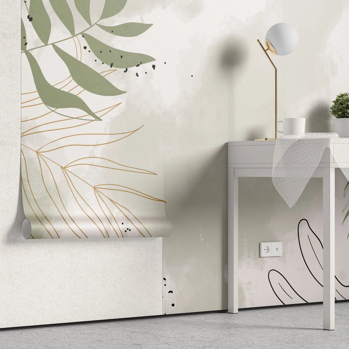 Tapet personalizat bohemian cu frunze tropicale in stil line art cu specific bohemian in nuante pastel boho line art