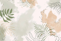 Tapet personalizat bohemian cu frunze tropicale in stil line art cu specific bohemian in nuante pastel boho line art