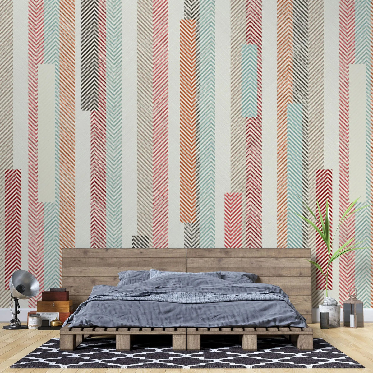 Tapet personalizat bohemian cu dungi texturate colorate in stil retro retro stripes