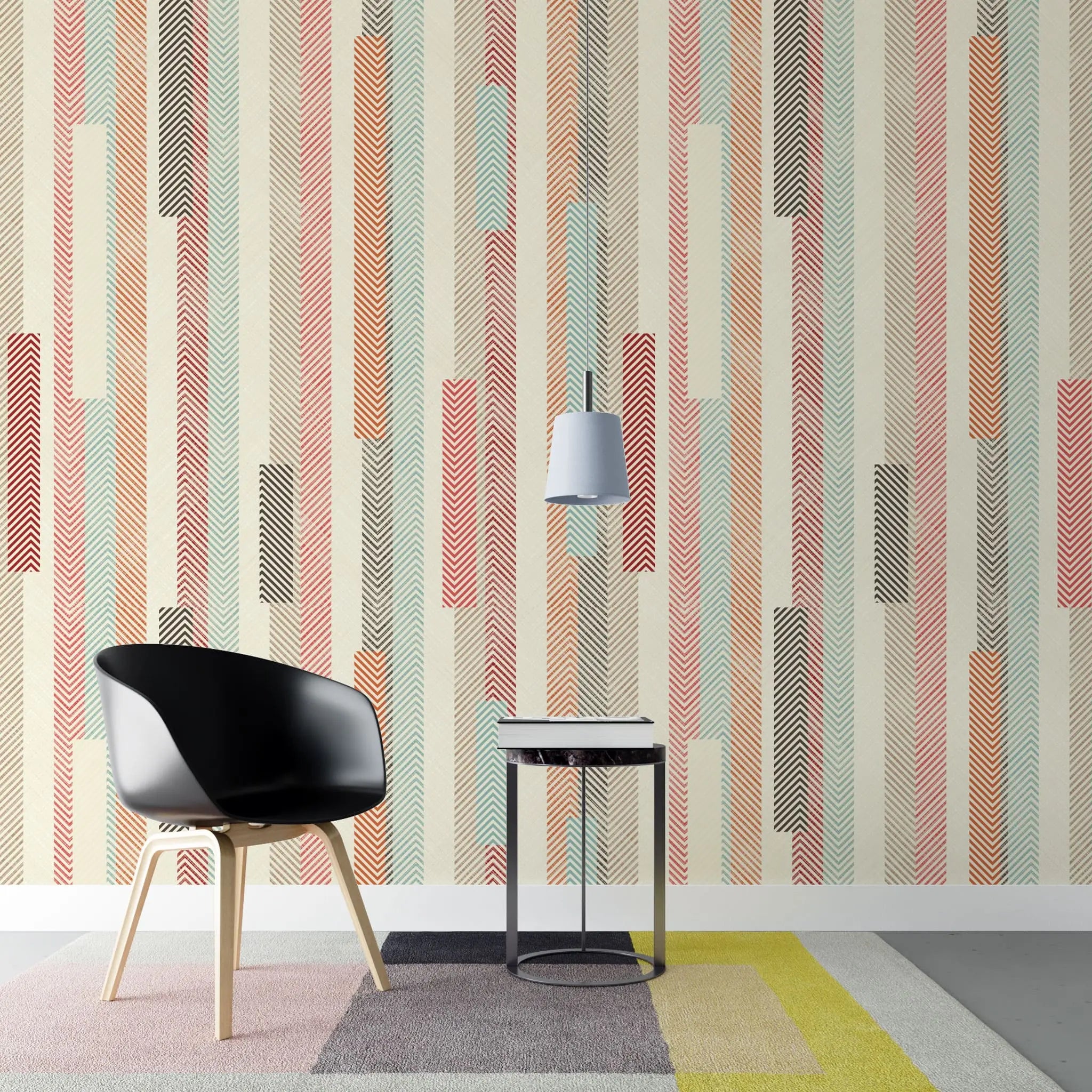 Tapet personalizat bohemian cu dungi texturate colorate in stil retro retro stripes