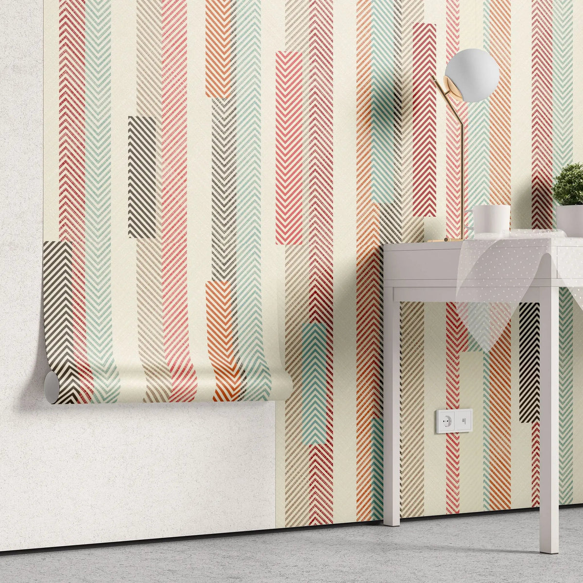 Tapet personalizat bohemian cu dungi texturate colorate in stil retro retro stripes