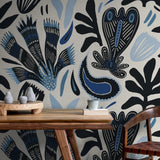 Tapet personalizat bohemian cu modele abstracte tribale in nuante de albastru tribal blue