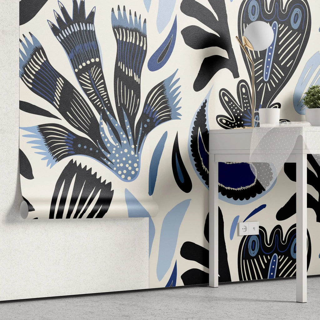 Tapet personalizat bohemian cu modele abstracte tribale in nuante de albastru tribal blue