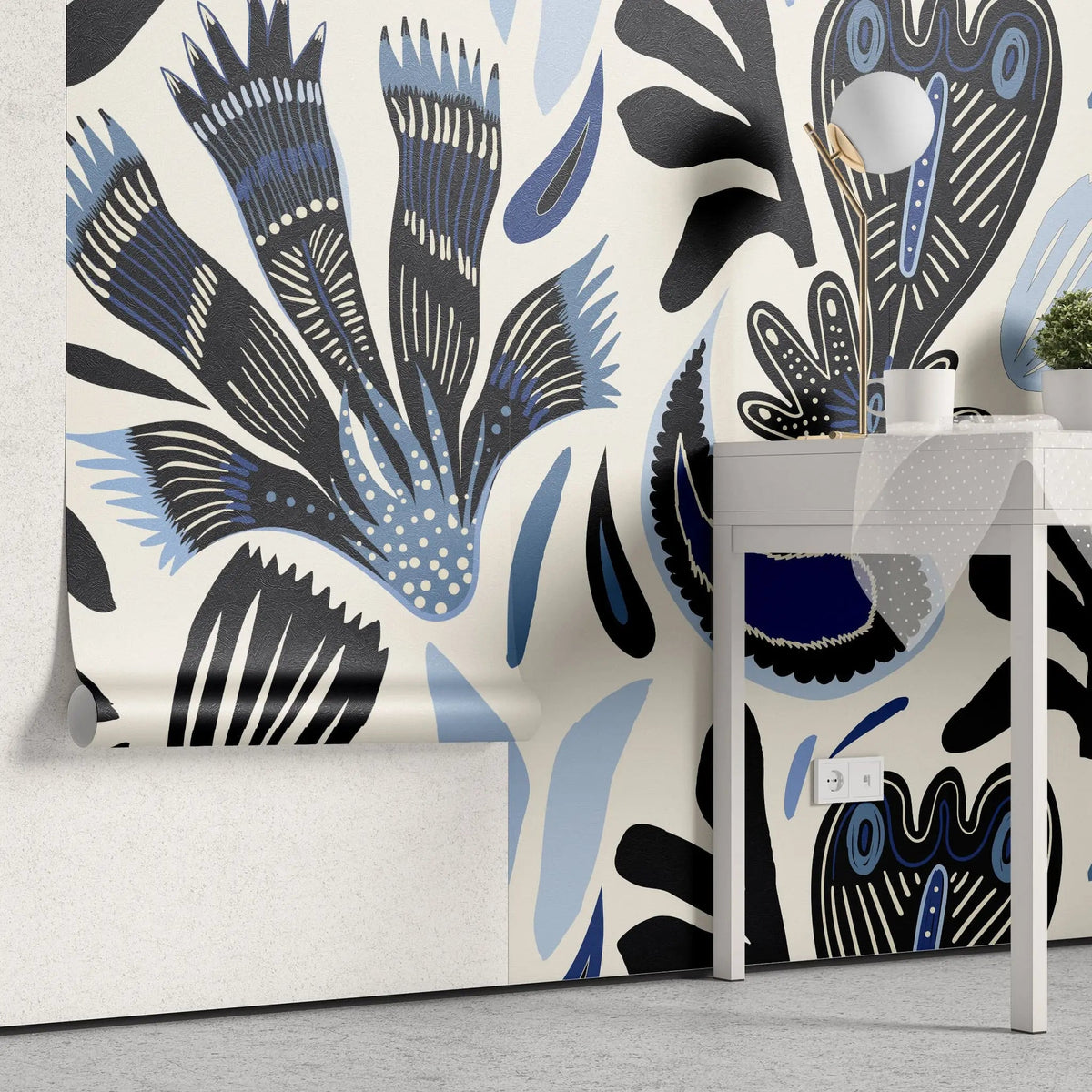 Tapet personalizat bohemian cu modele abstracte tribale in nuante de albastru tribal blue
