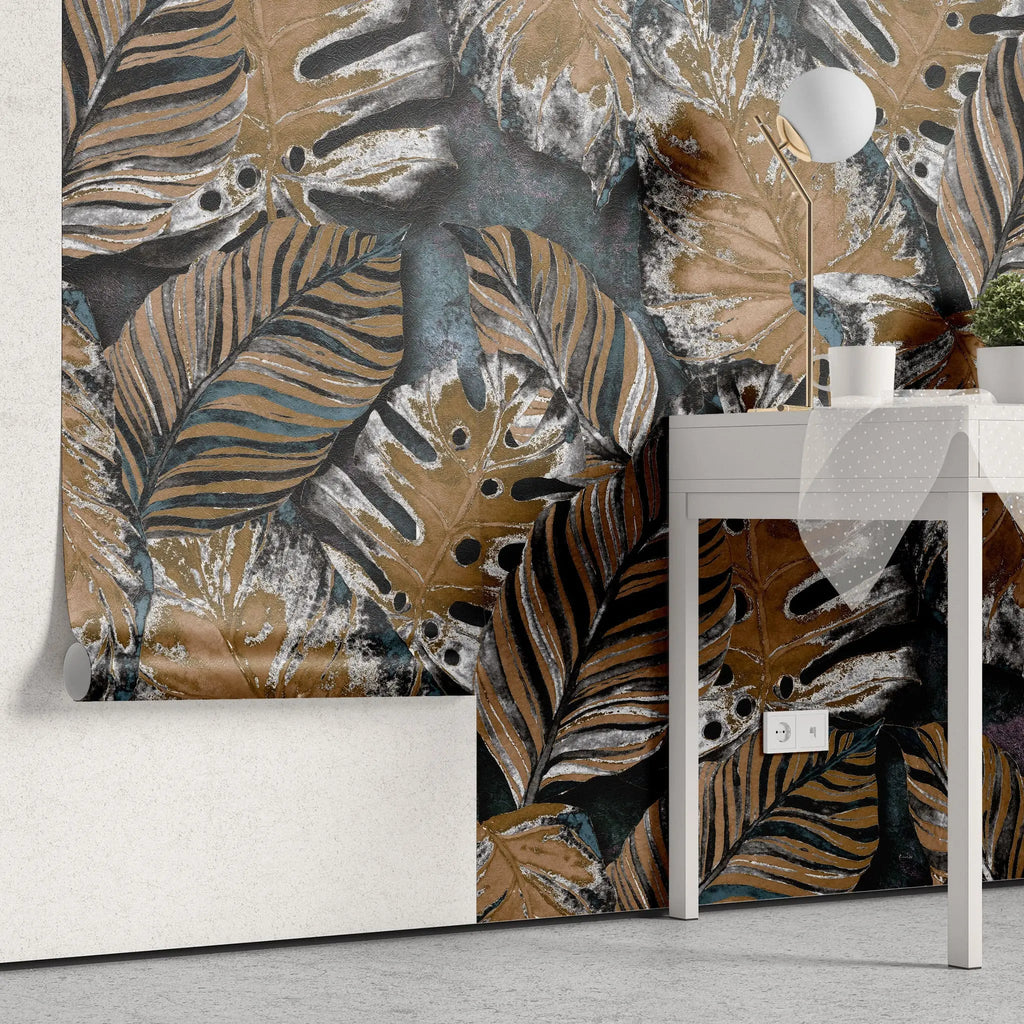 Tapet personalizat bohemian cu frunze maronii vintage pe un fundal albastru vintage leaves