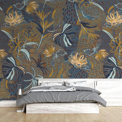 Tapet personalizat bohemian cu flori si frunze in nuante de contrast pamantii si albastre boho flower's contrast
