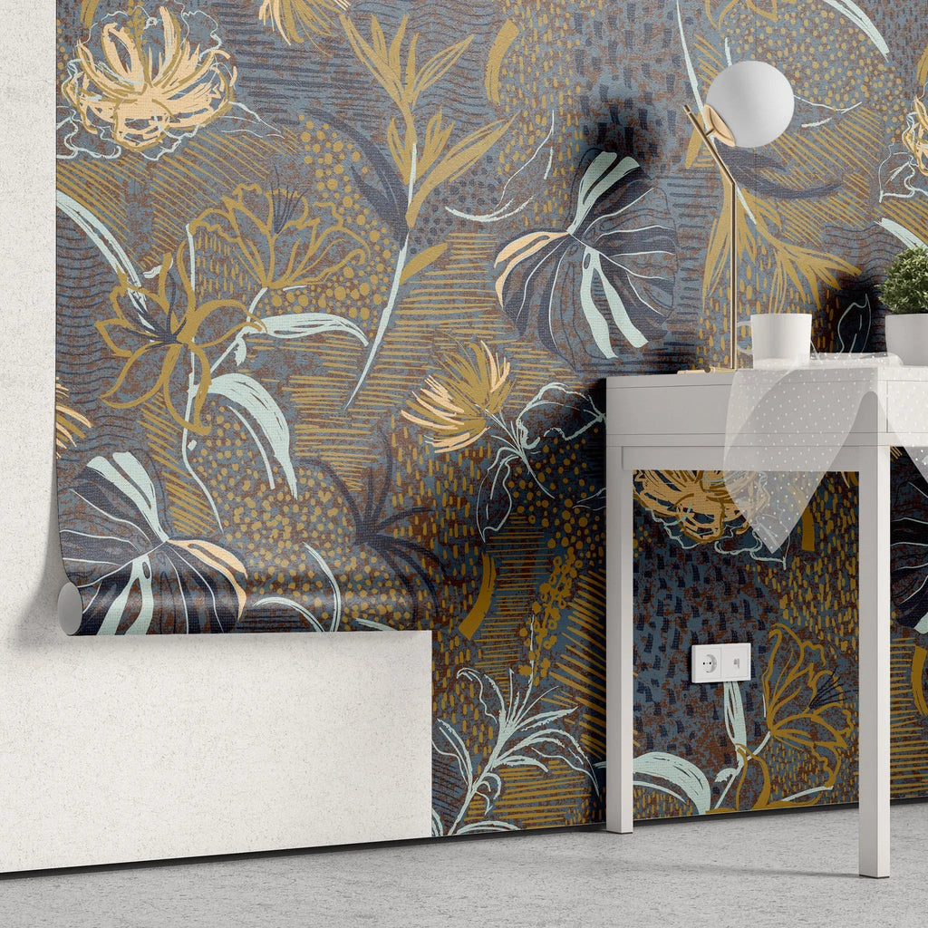 Tapet personalizat bohemian cu flori si frunze in nuante de contrast pamantii si albastre boho flower's contrast