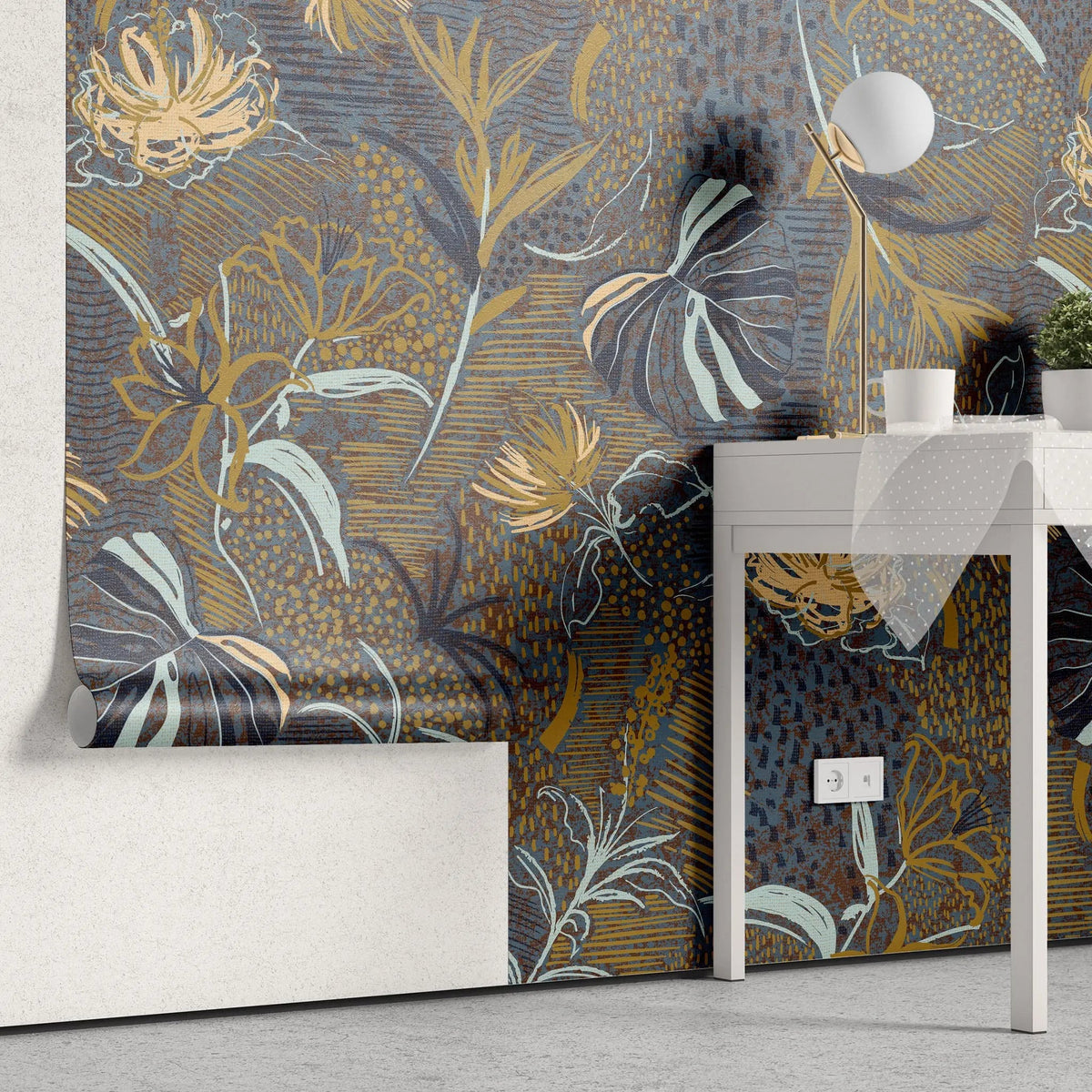 Tapet personalizat bohemian cu flori si frunze in nuante de contrast pamantii si albastre boho flower's contrast