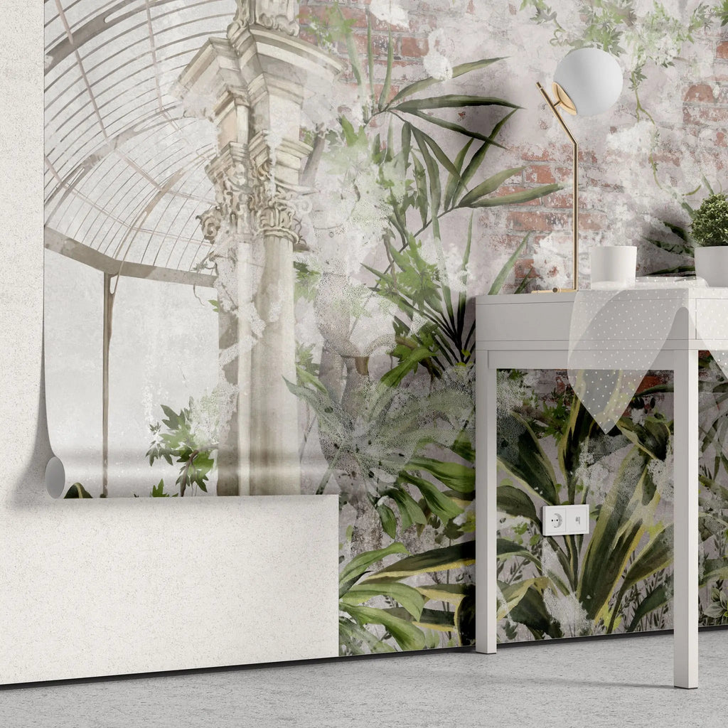 Tapet personalizat bohemian cu sera vintage cu plante verzi green house