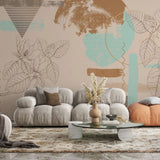 Tapet personalizat bohemian cu elemente boho in nuante caramizii si turcoaz brown tale design