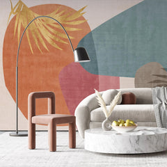 Tapet personalizat bohemian cu elemente boho in nuante oranj si albastru cu frunze aurii abstract boho orange