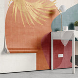 Tapet personalizat bohemian cu elemente boho in nuante oranj si albastru cu frunze aurii abstract boho orange
