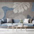 Tapet personalizat bohemian cu elemente boho in nuante de gri si albastru cu frunze albe de monstera white monstera