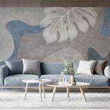 Tapet personalizat bohemian cu elemente boho in nuante de gri si albastru cu frunze albe de monstera white monstera