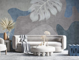 Tapet personalizat bohemian cu elemente boho in nuante de gri si albastru cu frunze albe de monstera white monstera