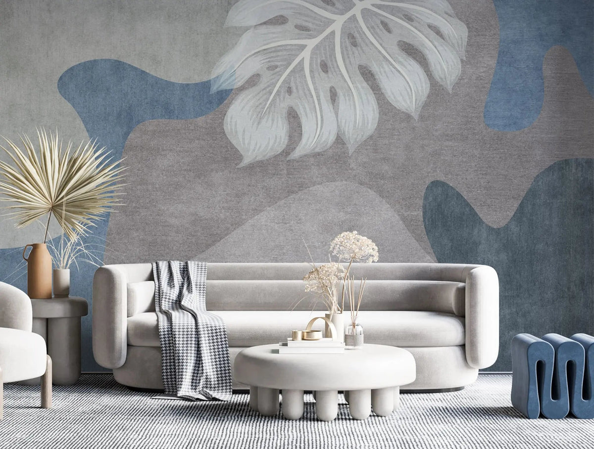 Tapet personalizat bohemian cu elemente boho in nuante de gri si albastru cu frunze albe de monstera white monstera