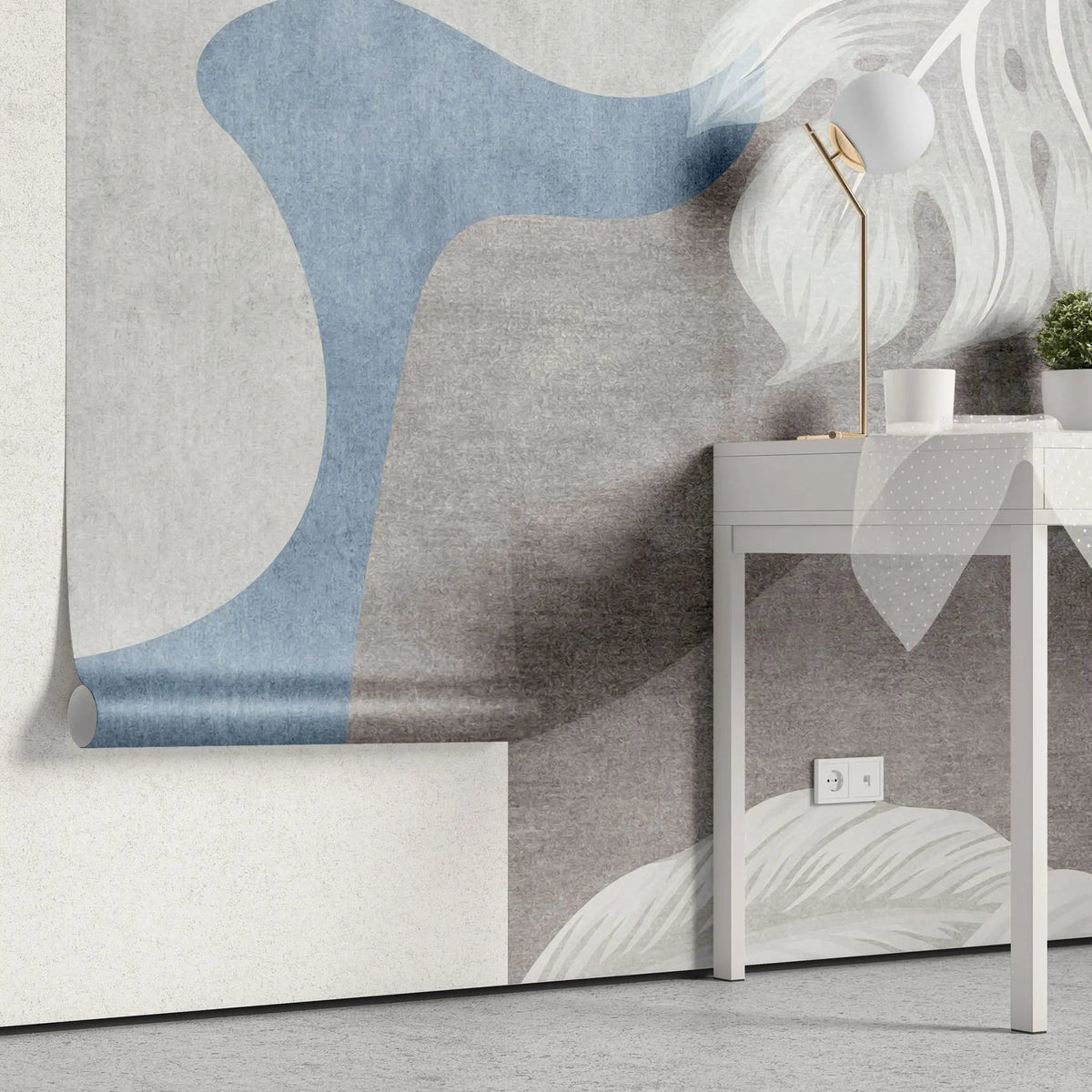 Tapet personalizat bohemian cu elemente boho in nuante de gri si albastru cu frunze albe de monstera white monstera