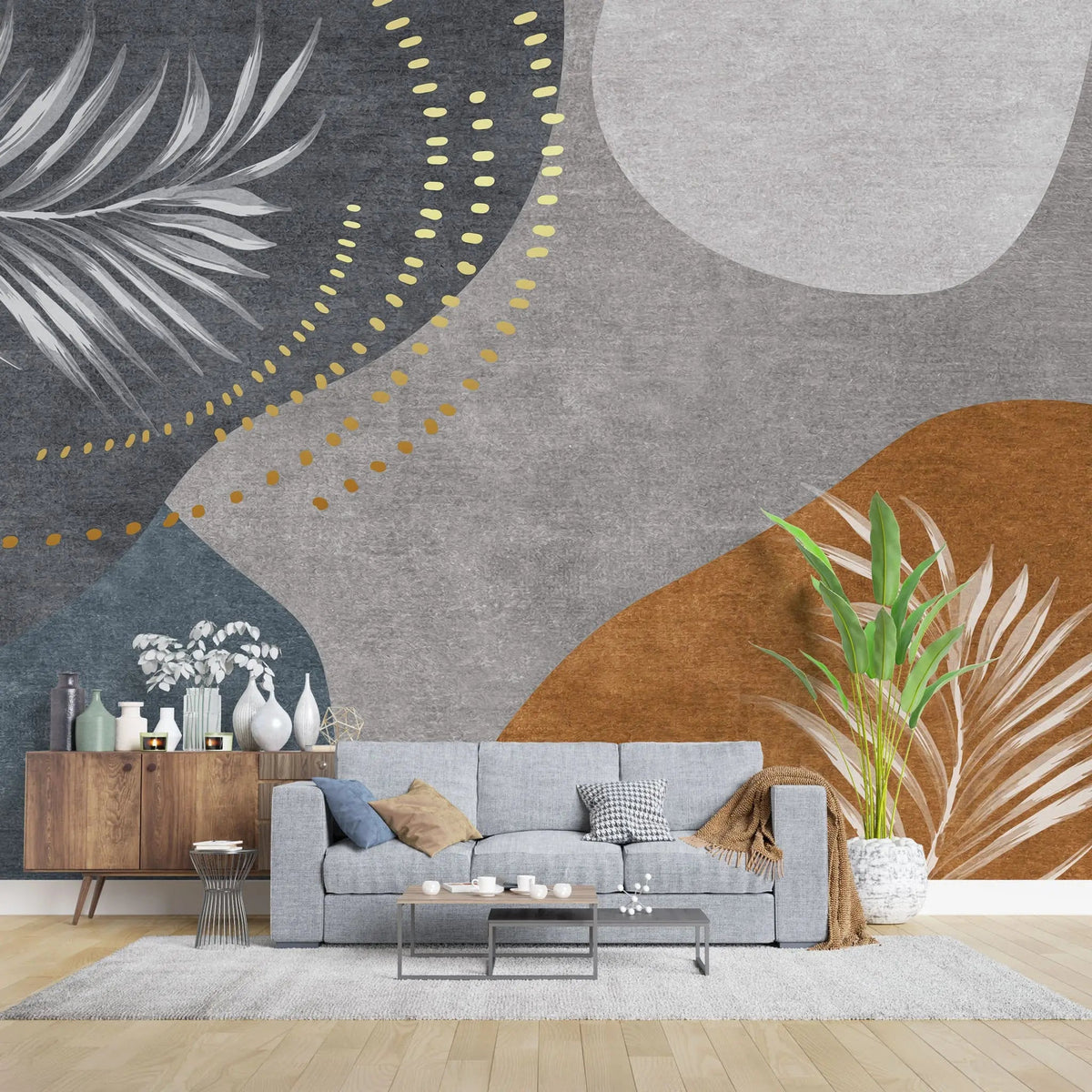 Tapet personalizat bohemian cu elemente boho in nuante de gri albastru si caramiziu cu frunze si detalii punctate boho dark brick