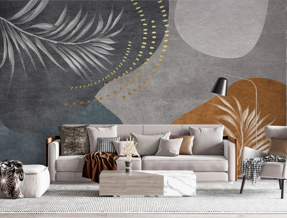 Tapet personalizat bohemian cu elemente boho in nuante de gri albastru si caramiziu cu frunze si detalii punctate boho dark brick