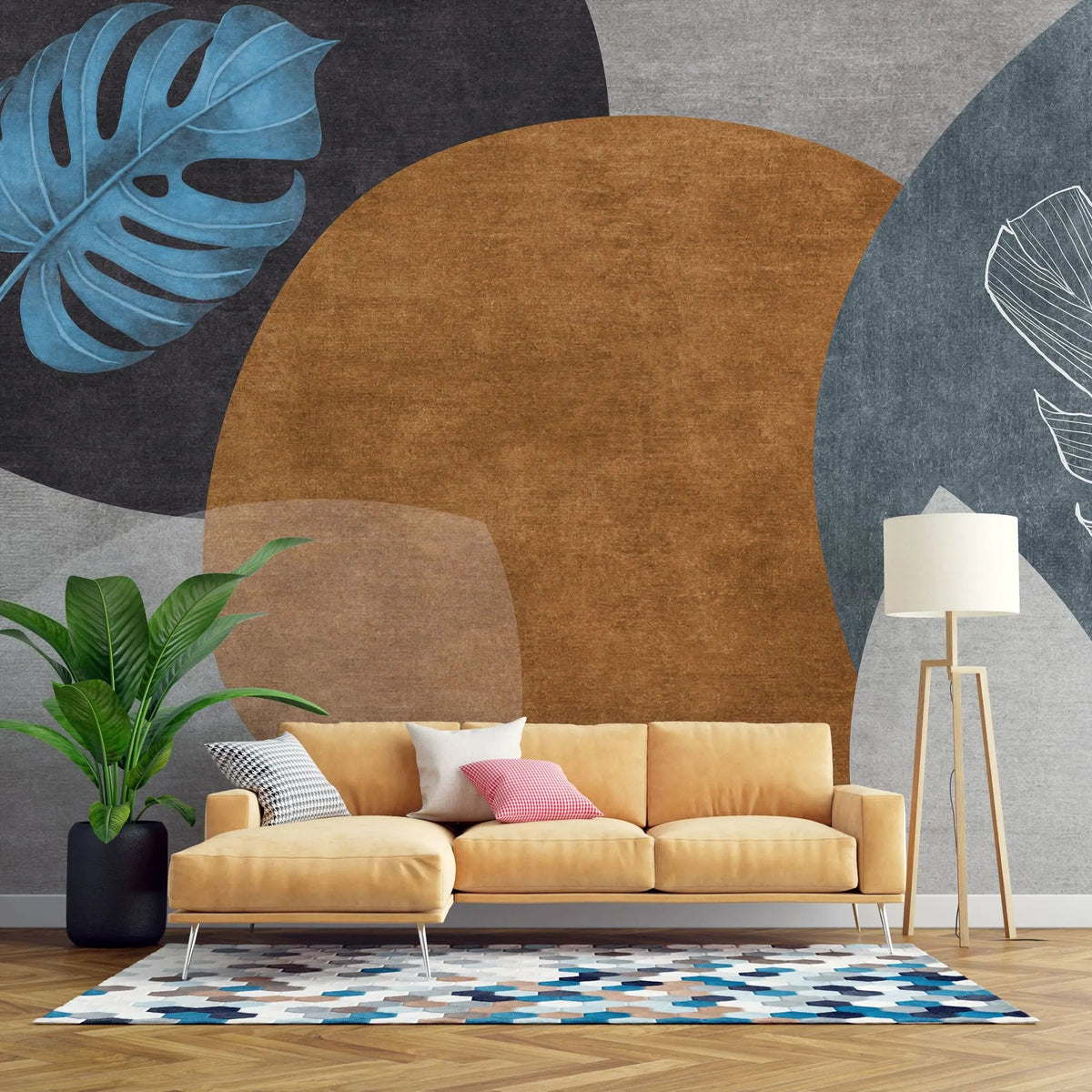 Tapet personalizat bohemian cu elemente boho in nuante de gri albastru si caramiziu cu frunze de monstera turcoaz turqoise monstera