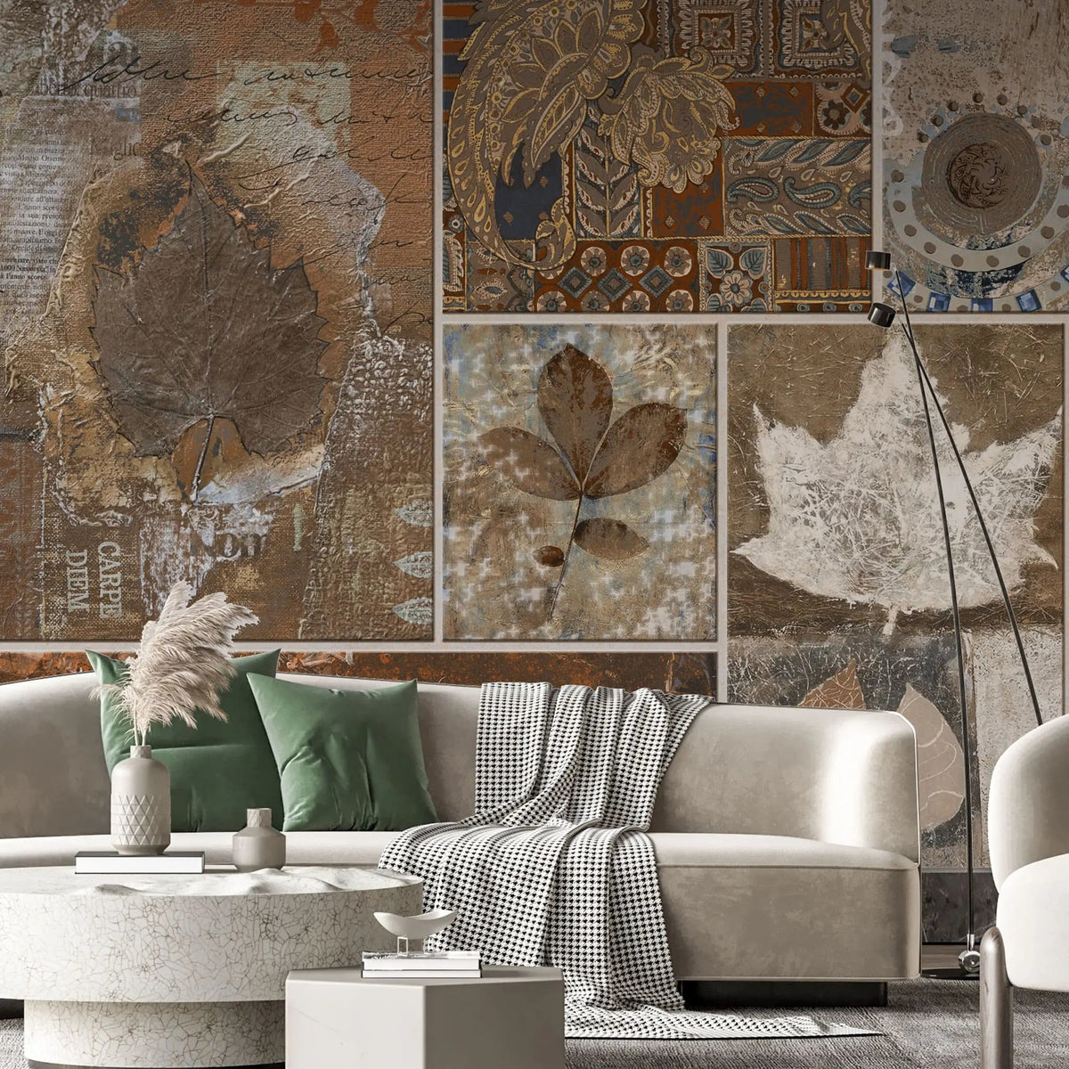 Tapet personalizat bohemian cu colaj de elemente in stil bohemian in nuante aramii boho brass collage